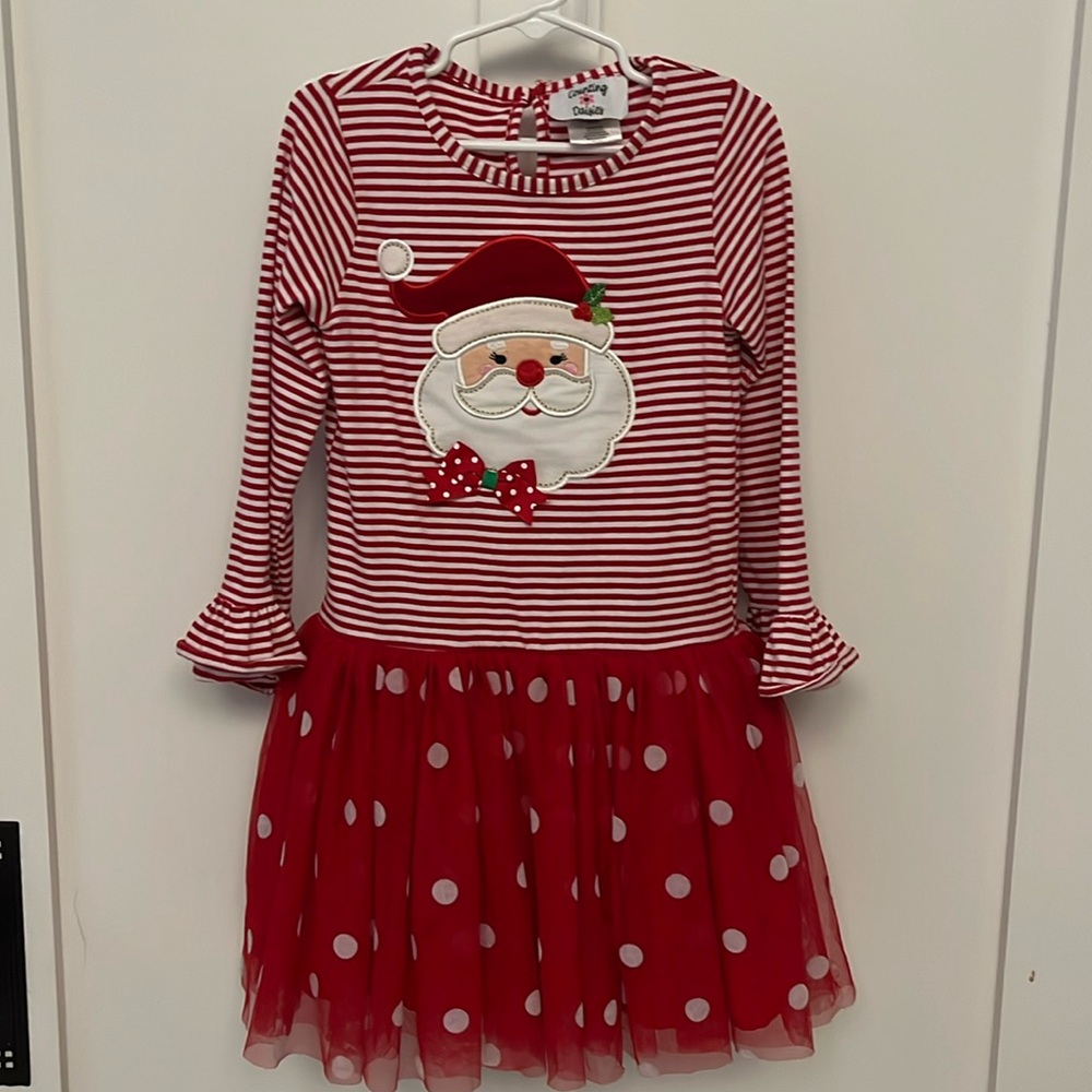 Counting Daisies Christmas Santa Dress with red leggings, size 6.